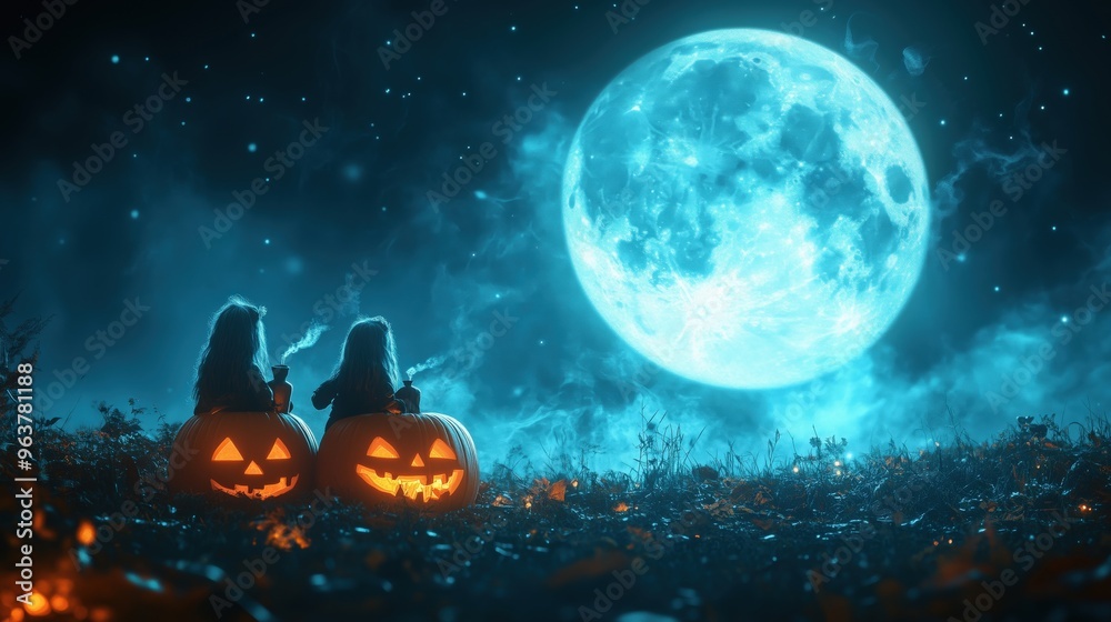 Witch gnomes brewing potions in a pumpkin patch under a full Halloween moon, copy space for stock photo with minimal concept, No logo, No Trademark, No text Witch gnomes brewing potions in a pumpkin patch under a full Halloween moon, copy space for stock photo with minimal concept, No logo, No Trademark, No text