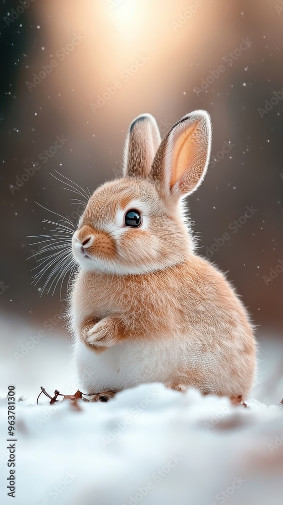 Charming rabbit resting amidst a snowy landscape, with the Northern Lights casting a vibrant, colorful glow that highlights its soft fur. Charming rabbit resting amidst a snowy landscape, with the Northern Lights casting a vibrant, colorful glow that highlights its soft fur.