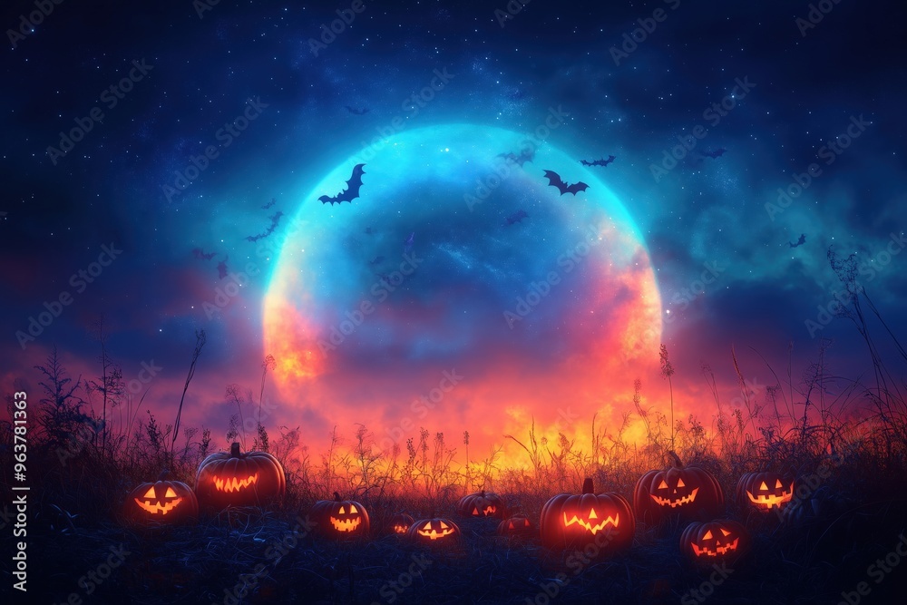 Rainbow with a Halloween twist, featuring bats, pumpkins, and witches hats in a spooky night sky, copy space for stock photo with minimal concept, No logo, No Trademark, No text