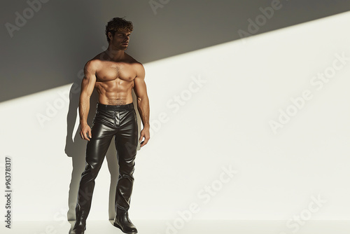 Famous Gay, Queer Art concept. Full length portrait of a biker bodybuilder wearing black leather clothing, standing on white background. Text space. Studio shot
