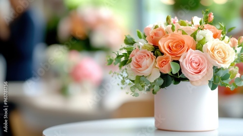 Cozy Indoor Table Setting with Vibrant Floral Arrangement and Blurred Background. photo