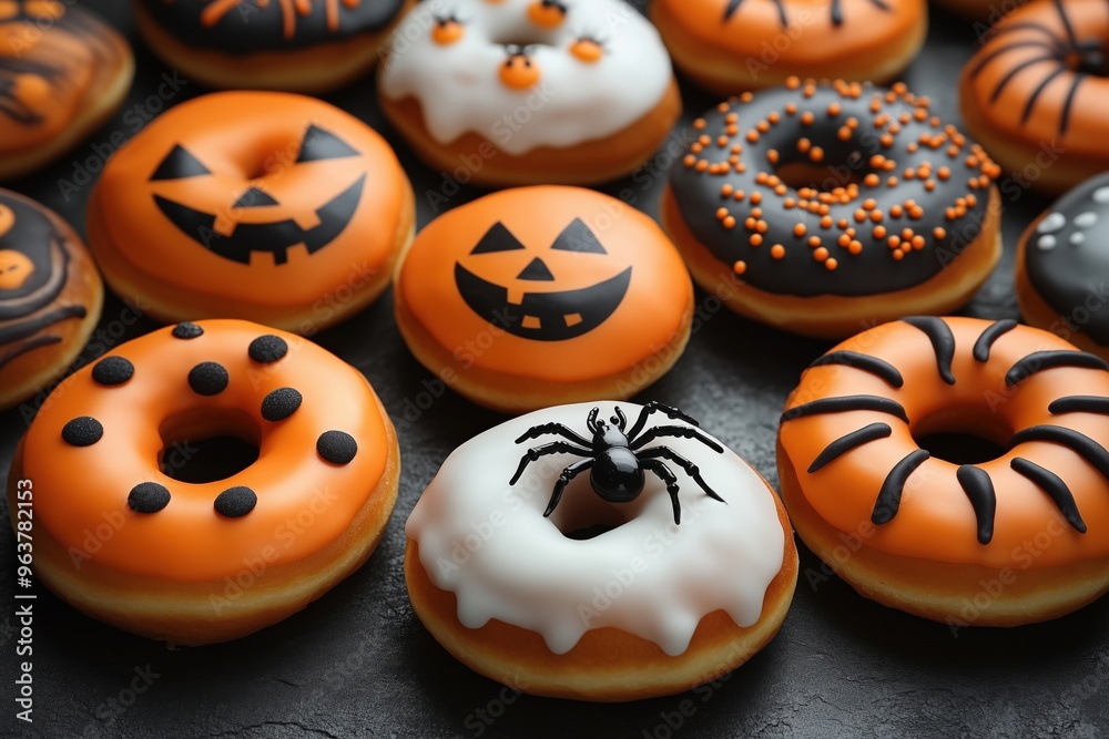 Donuts decorated like jack-o-lanterns, spiders, and ghosts, spooky Halloween treats, copy space for stock photo with minimal concept, No logo, No Trademark, No text