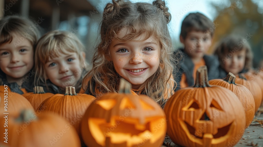 Group of kids in spooky costumes happily carving pumpkins at dusk, warm autumn glow, copy space for stock photo with minimal concept, No logo, No Trademark, No text Group of kids in spooky costumes happily carving pumpkins at dusk, warm autumn glow, copy space for stock photo with minimal concept, No logo, No Trademark, No text