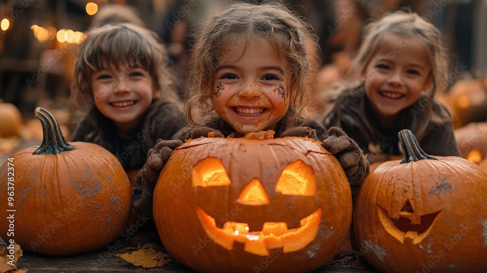Group of kids in spooky costumes happily carving pumpkins at dusk, warm autumn glow, copy space for stock photo with minimal concept, No logo, No Trademark, No text Group of kids in spooky costumes happily carving pumpkins at dusk, warm autumn glow, copy space for stock photo with minimal concept, No logo, No Trademark, No text