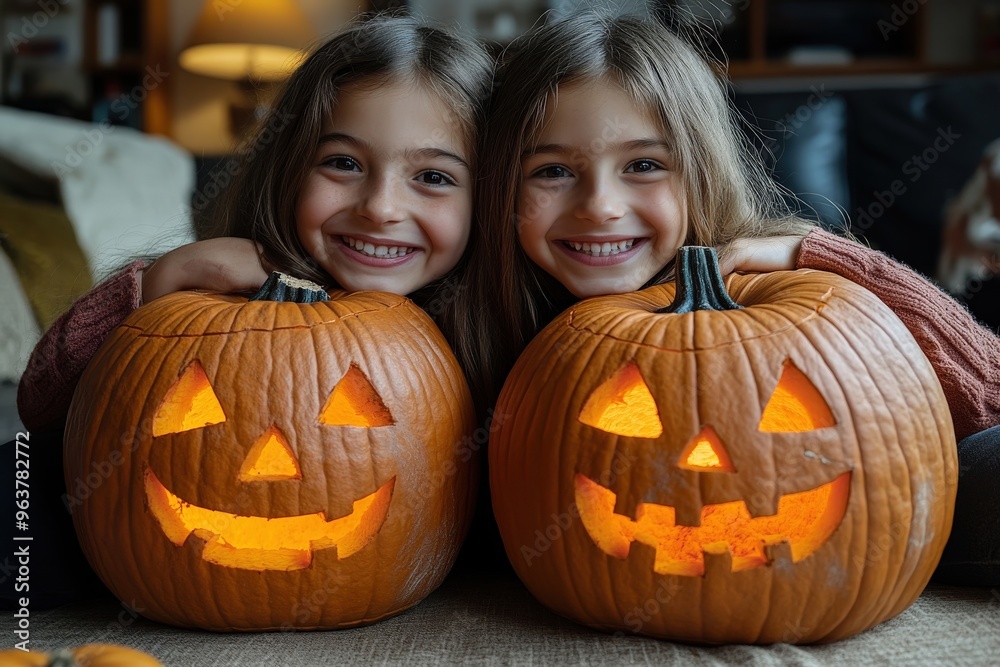 Siblings proudly showing their finished jack-o-lanterns, warm glowing pumpkins, copy space for stock photo with minimal concept, No logo, No Trademark, No text Siblings proudly showing their finished jack-o-lanterns, warm glowing pumpkins, copy space for stock photo with minimal concept, No logo, No Trademark, No text