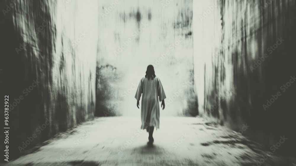 Minimalist painting of Jesus in motion, wearing robes, black and white. Minimalist painting of Jesus in motion, wearing robes, black and white.