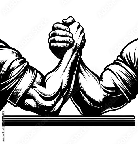 Isolated black and white vector illustration of two people competing in an arm wrestling match on a white background.	