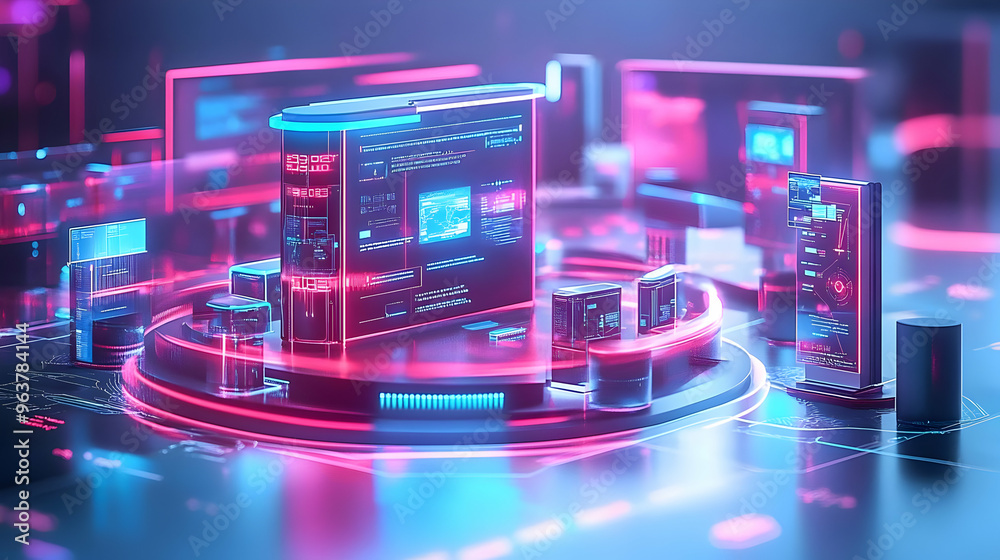 Obraz premium 3D AI-Driven Customer Experience Center Background with Digital Kiosks, Interactive Displays, and Glowing Elements for Innovation in Customer Service Technology