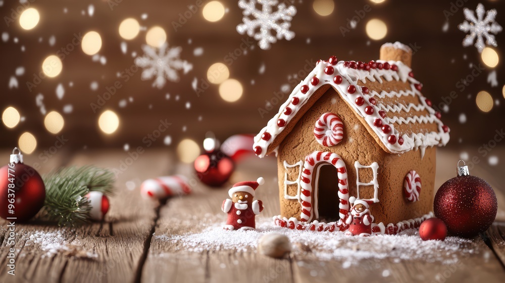 Fototapeta premium Festive Gingerbread House with Christmas Decorations and Snowflakes on Wooden Background