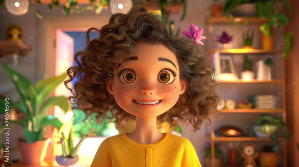 A cheerful animated girl with curly hair and a flower, surrounded by plants in a cozy room. A cheerful animated girl with curly hair and a flower, surrounded by plants in a cozy room.