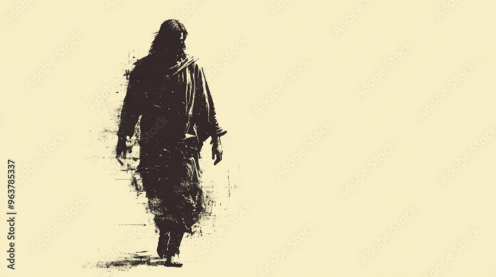 Fototapeta premium A minimalist black and white sketch of Jesus walking in flowing robes. Vector illustration.