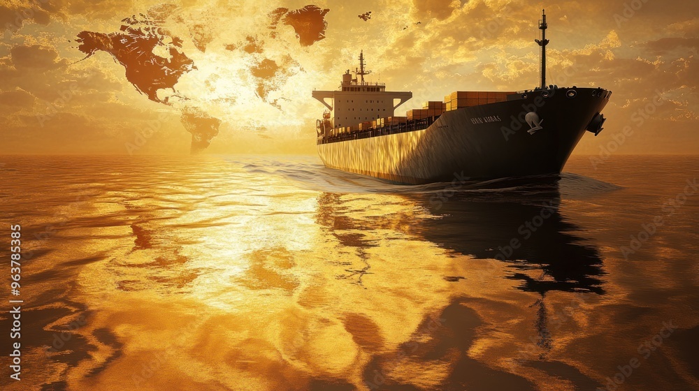 Fototapeta premium A cargo ship sailing through golden waters at sunset, with a world map in the background.