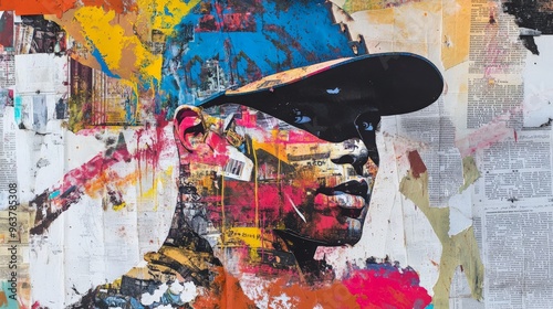 Colorful urban street art portrait of a man wearing a cap, featuring vibrant abstract paint splashes and newspaper collages.