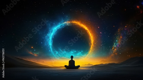 Peaceful Cosmic Scene: Meditating Figure amidst Vibrant Nebula