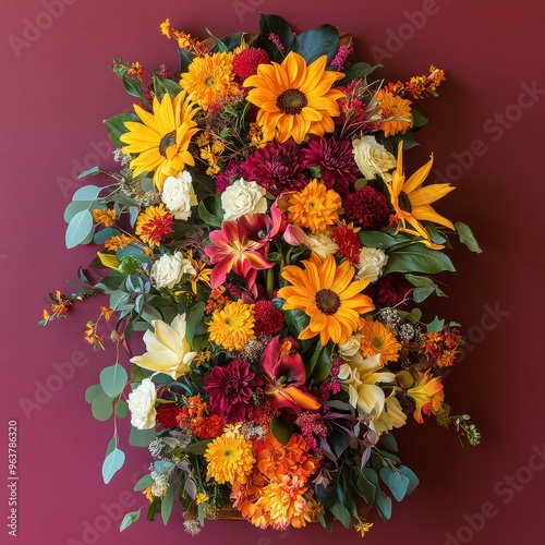 Vibrant Floral Display on Red Wall with Green Foliage and Decorative Elements. photo