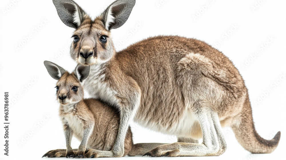 Close-up of a kangaroo carrying its joey, isolated on a pristine white background Close-up of a kangaroo carrying its joey, isolated on a pristine white background