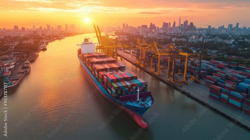 Fototapeta premium A cargo ship navigates a river at sunset, with cranes and containers in the background.