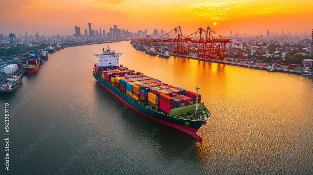 Naklejka premium A cargo ship navigates a river at sunset, with cranes and a city skyline in the background.