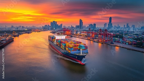 A cargo ship navigates a vibrant harbor at sunset, surrounded by city skyline and cranes.