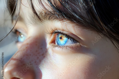 Visual acuity keratitis and saccadic eye movement freckled face with a striking blue eye illuminated by natural light symbolizing innocence beauty and the purity of human emotion photo