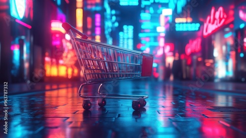 A shopping cart stands alone in a vibrant, neon-lit urban environment at night.