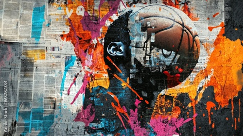 Digital art blending basketball elements with vibrant city graffiti, showcasing a dynamic urban sports culture.
