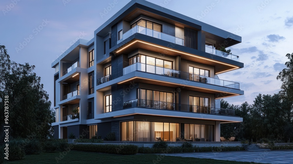 Obraz premium Modern multi-story building with sleek design and illuminated balconies at dusk.