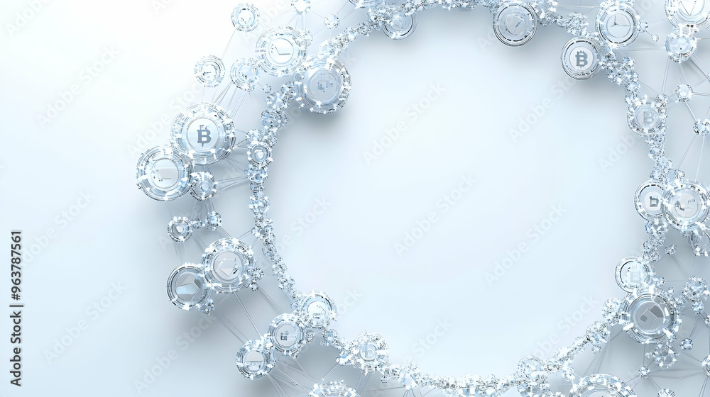 Fototapeta premium 3D Blockchain Nodes and Coin Symbols Frame Design: Modern High-Tech Border with Copy Space for Financial Technology and Cost Efficiency Content