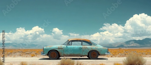 Vibrant Desert Landscape from The Road Movie Scene. Vintage Cars in Isolated Dunes with Clear Blue Sky. photo