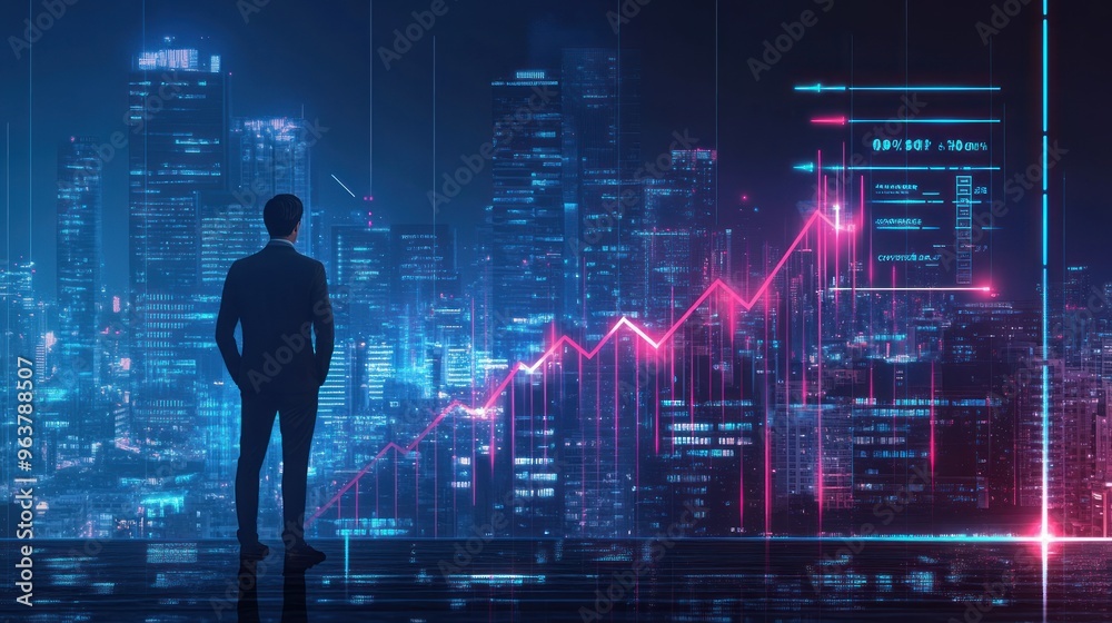 A silhouette of a businessman overlooking a city skyline with financial data and graphs. A silhouette of a businessman overlooking a city skyline with financial data and graphs.