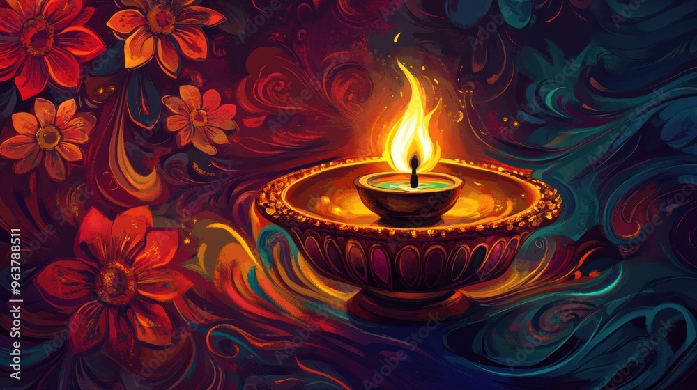 A colorful painting of a candle in a bowl with a floral background A colorful painting of a candle in a bowl with a floral background
