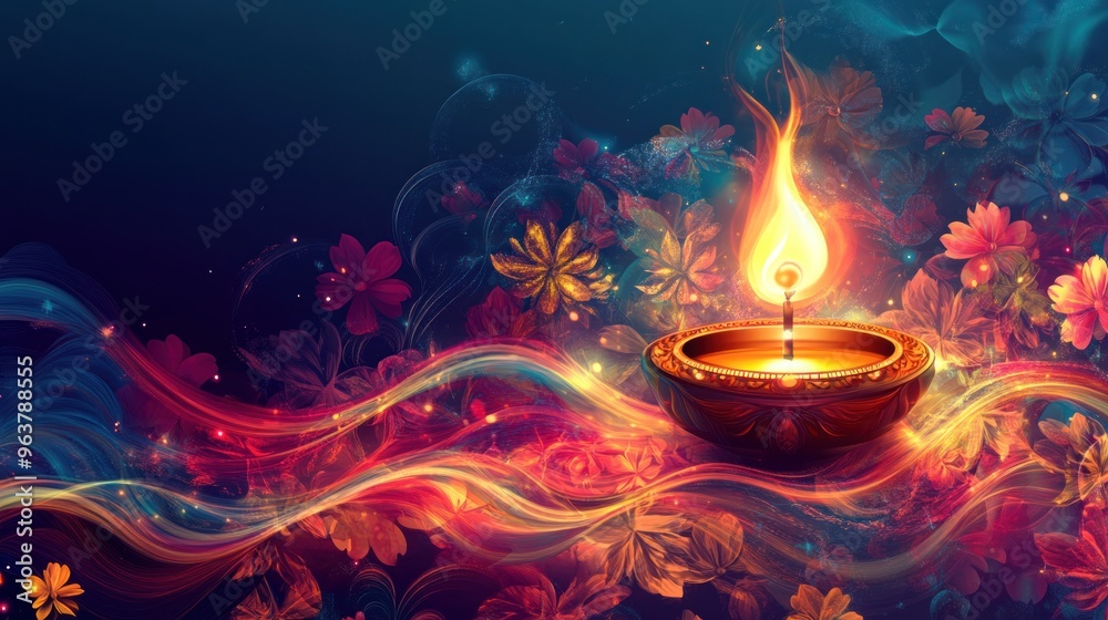 A colorful painting of a candle in a bowl with a floral background A colorful painting of a candle in a bowl with a floral background