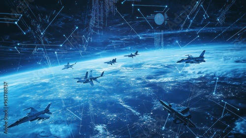 A group of fighter jets flying in the sky above a planet