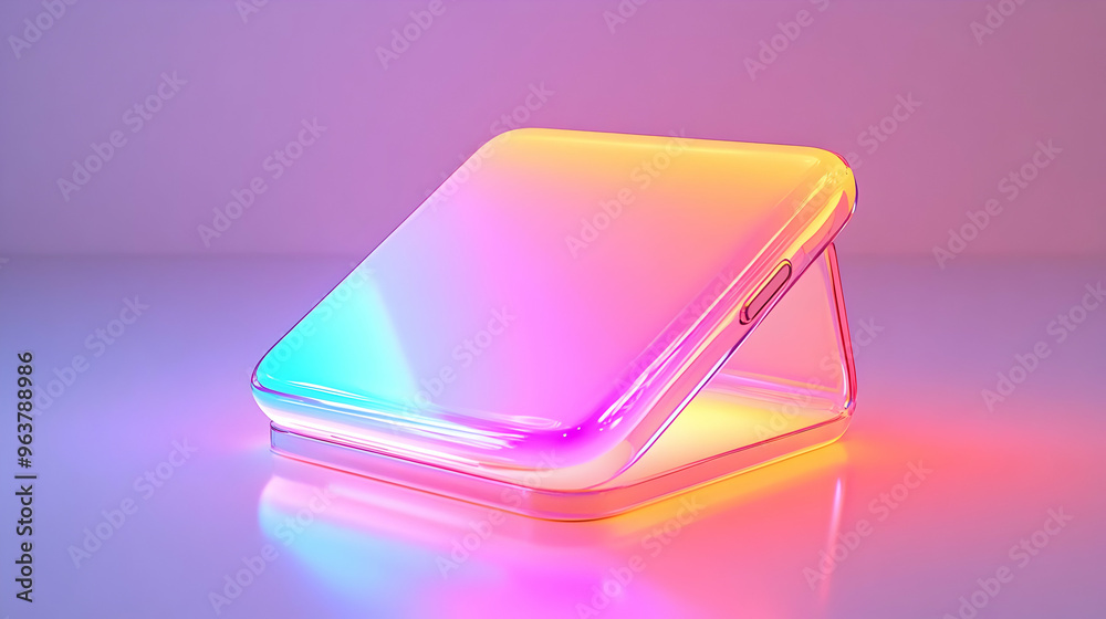 3D Glossy Holographic Smartphone Stand Concept - Softly Glowing Icon with Light Reflections on Clean White Background 3D Glossy Holographic Smartphone Stand Concept - Softly Glowing Icon with Light Reflections on Clean White Background