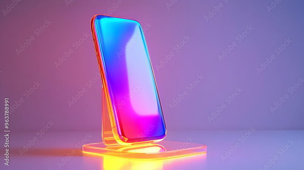 3D Glossy Holographic Smartphone Stand Concept - Softly Glowing with Light Reflections, Isolated on Clean White Background, Modern Iconic Design 3D Glossy Holographic Smartphone Stand Concept - Softly Glowing with Light Reflections, Isolated on Clean White Background, Modern Iconic Design