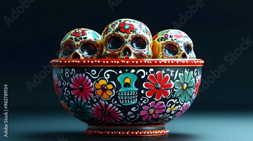 3D Glossy Offering Bowl with Reflective Sugar Skulls - Modern Dia de Muertos Icon Set on Dark Background