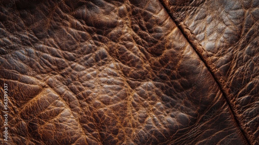 Close-up of textured brown leather, showcasing its natural patterns and aged appearance.