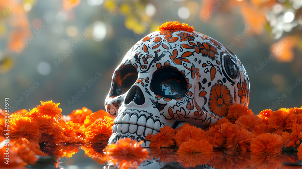 3D Glossy Sugar Skull Surrounded by Vibrant Marigold Petals on Dark Reflective Background - Dia de Muertos Celebration Icon 3D Glossy Sugar Skull Surrounded by Vibrant Marigold Petals on Dark Reflective Background - Dia de Muertos Celebration Icon