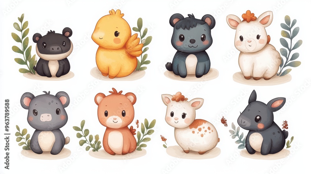 Cute farm animals on white background