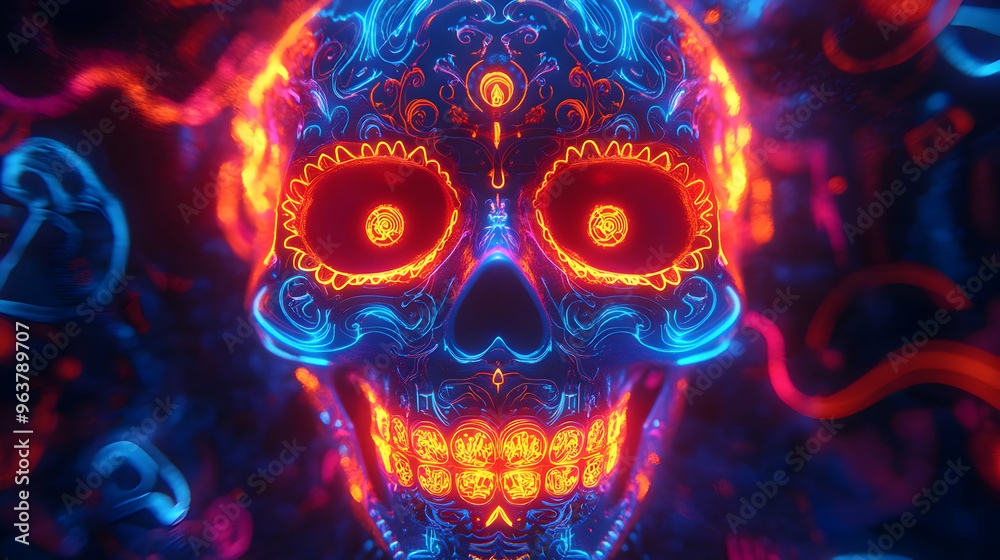3D Glowing Sugar Skull Art with Neon Patterns - Digital Artwork Celebrating Dia de Muertos on Isolated White Background