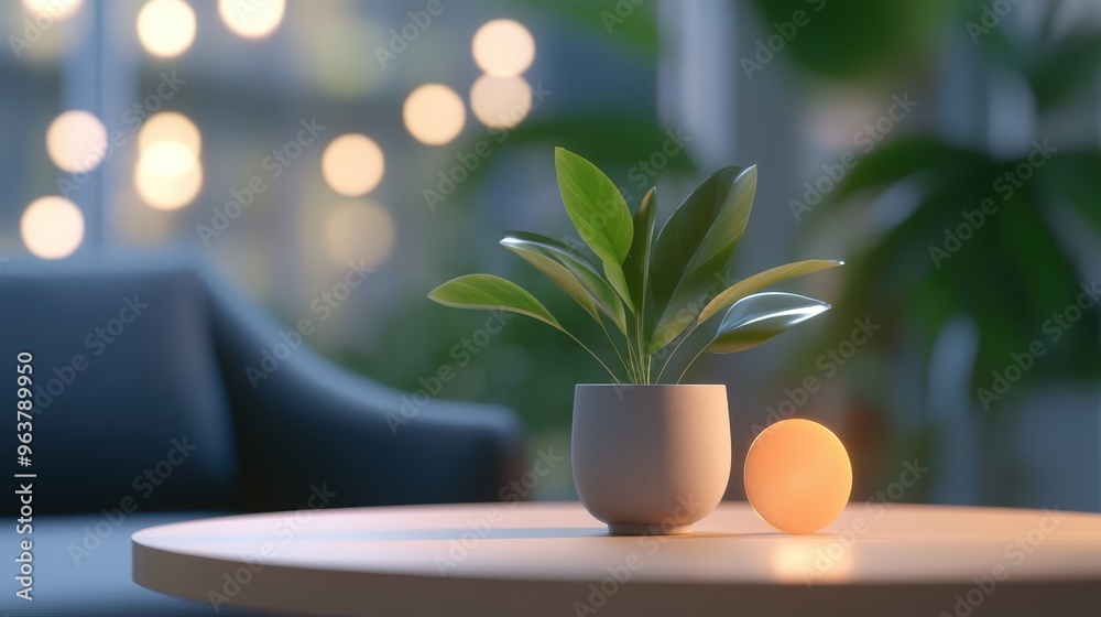 Potted Plant on Wooden Desk Amid Warm Lighting for Cozy Productive Workspace Potted Plant on Wooden Desk Amid Warm Lighting for Cozy Productive Workspace