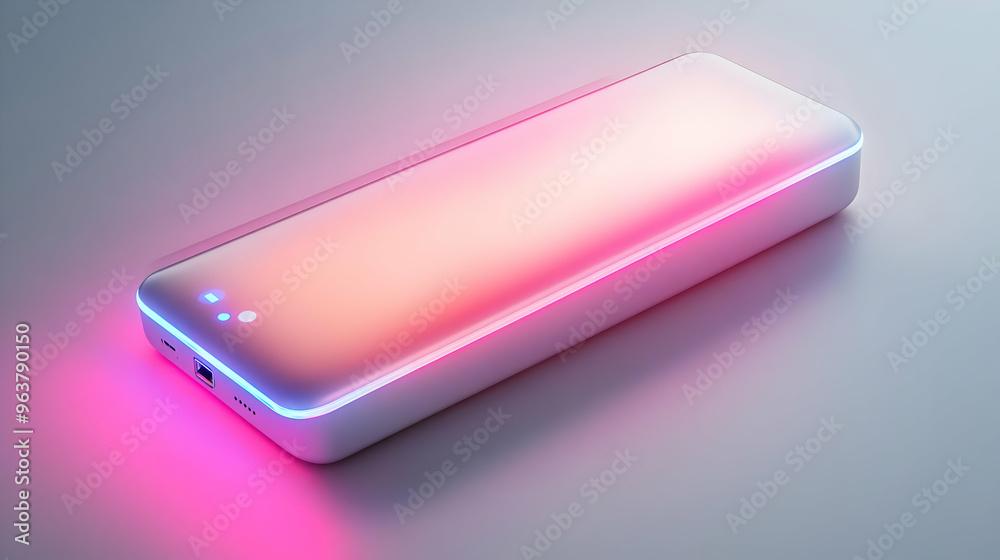 3D Holographic Power Bank with Glowing Indicators on Glossy White Surface - Modern Energy Storage Technology Design with Copy Space 3D Holographic Power Bank with Glowing Indicators on Glossy White Surface - Modern Energy Storage Technology Design with Copy Space