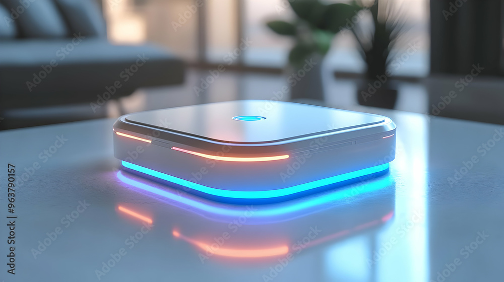 3D Holographic Smart Home Hub Concept with Glowing Interface - AI Integration in Modern Smart Home Devices Isolated on Glossy White Surface 3D Holographic Smart Home Hub Concept with Glowing Interface - AI Integration in Modern Smart Home Devices Isolated on Glossy White Surface