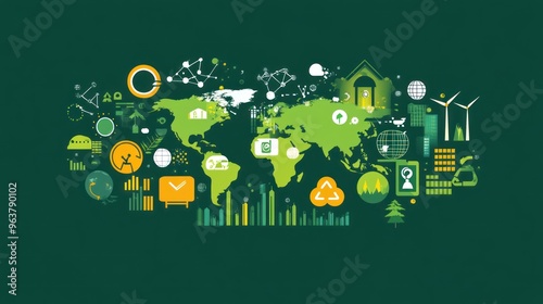 A green background with many icons and symbols, including a clock, a house