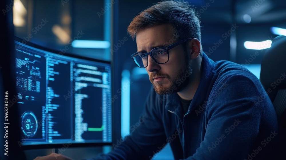 A focused individual working on a computer in a tech environment. A focused individual working on a computer in a tech environment.