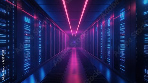 A futuristic data center corridor illuminated by vibrant neon lights.