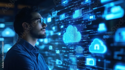 Wallpaper Mural A man gazes at a digital cloud interface, symbolizing technology and data management. Torontodigital.ca