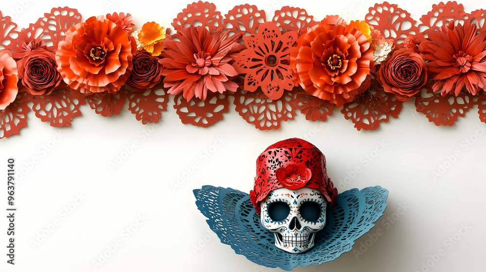 3D Papel Picado & Catrina Hat Border Frame Design - Elegant Dia de Muertos Decor with Ample Copy Space for Cultural Celebrations 3D Papel Picado & Catrina Hat Border Frame Design - Elegant Dia de Muertos Decor with Ample Copy Space for Cultural Celebrations