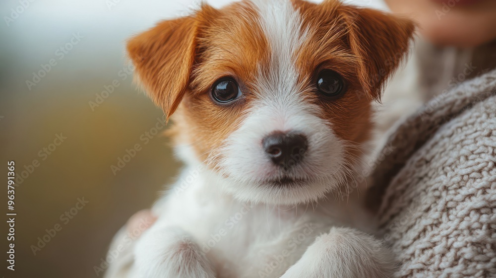 Dog owner holding a dog on a white background