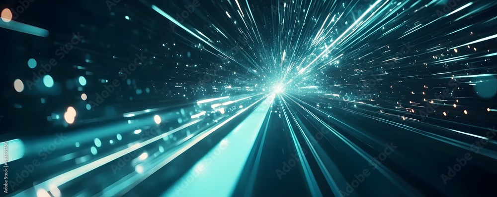 Abstract Blue and White Light Streaks Converging to a Point of Light in a Dark Background